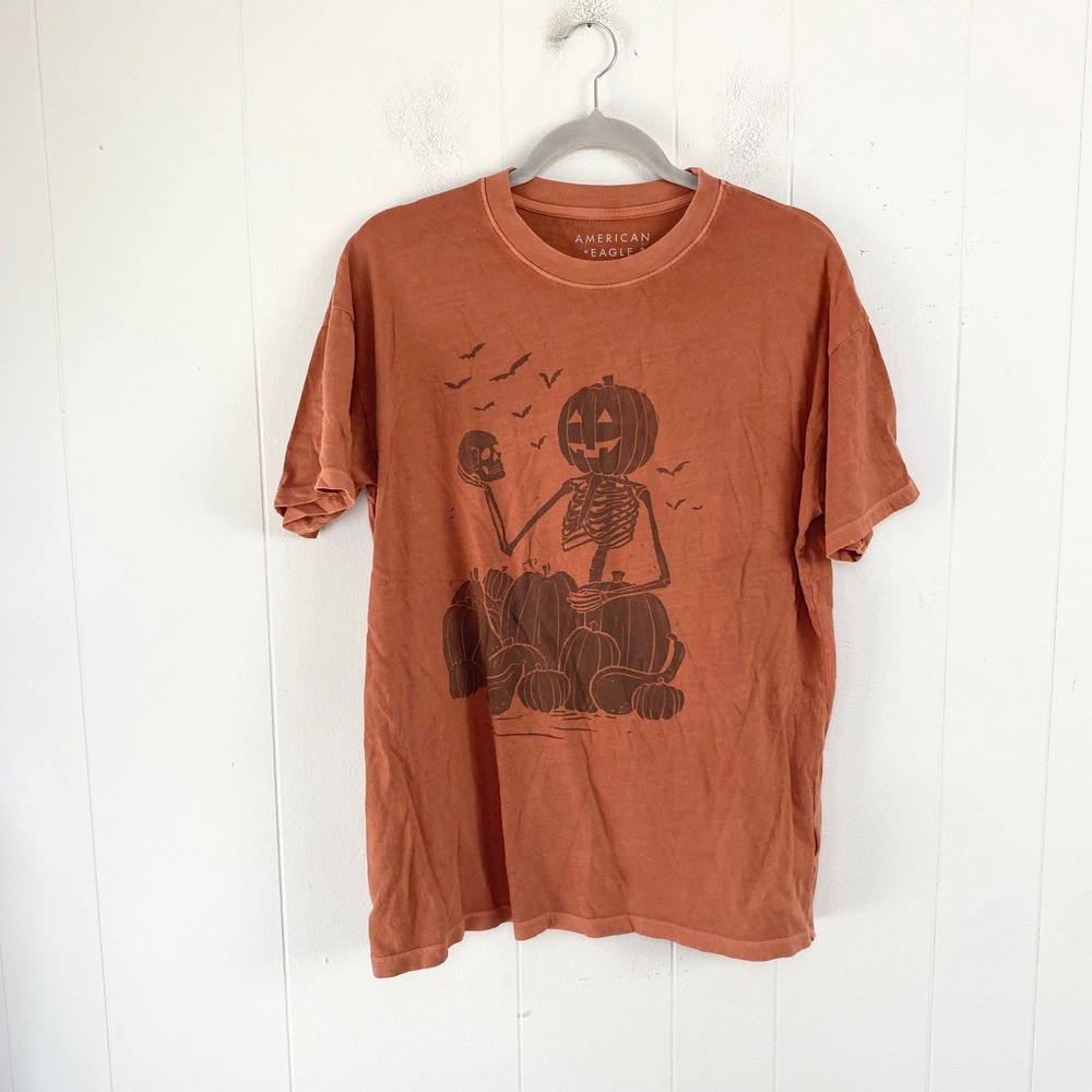 American Eagle Halloween Skeleton Pumpkin Graphic T-Shirt Rust Orange XS/S **